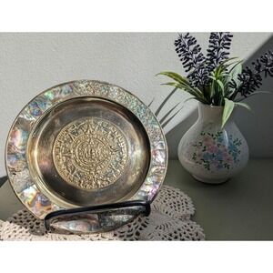 Vintage Abalone Aztec Calendar Decorative Plate Mexican Wall Hanging